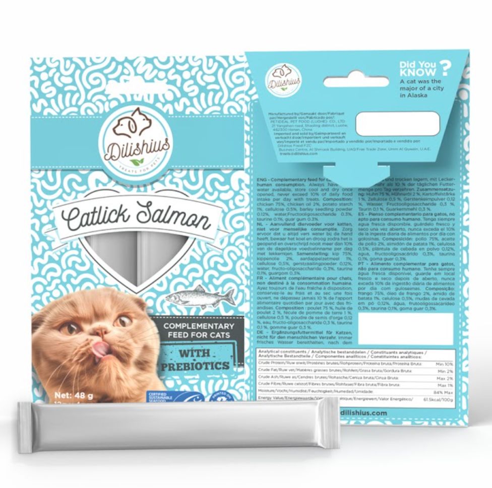 liquid lickstick treat or topping for cats & dogs with pre biotics salmon 40 sticks