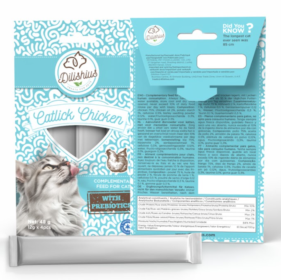 liquid lickstick treat or topping for cats & dogs with pre biotics chicken 40 sticks